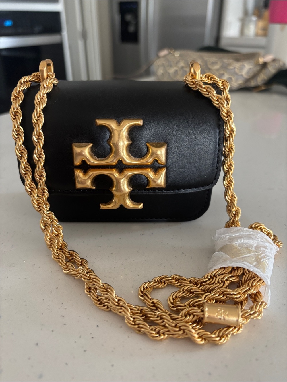 Tory Burch Black Eleanor Mini Crossbody with Gold Logo and Chain